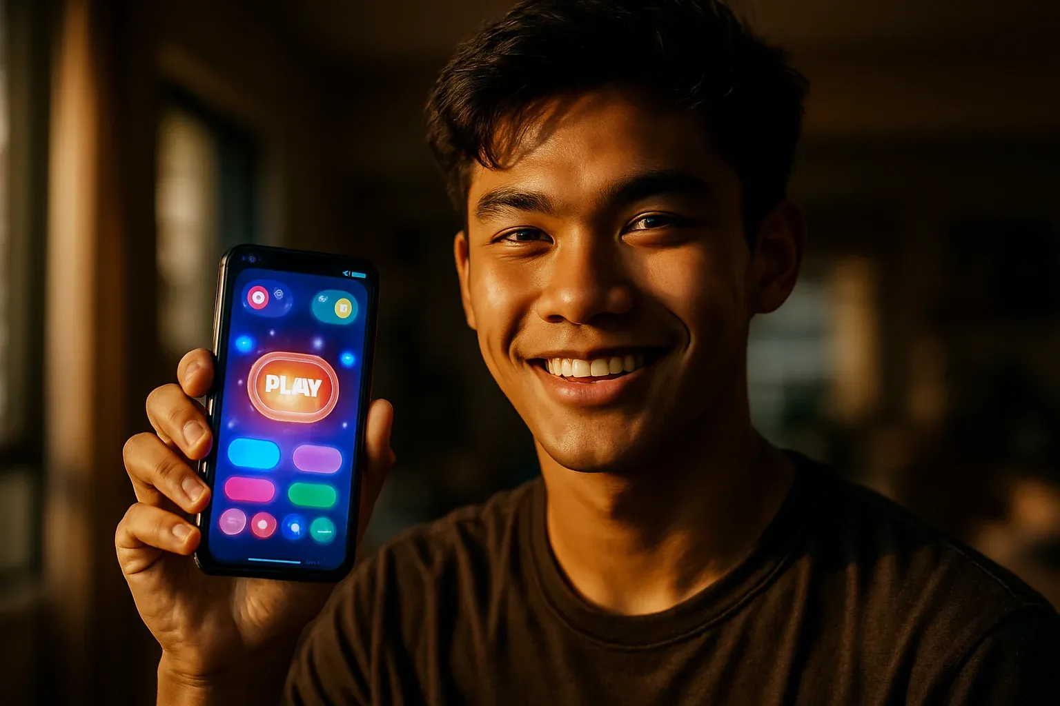 Smiling young Filipino man holding smartphone showing colorful gaming app interface