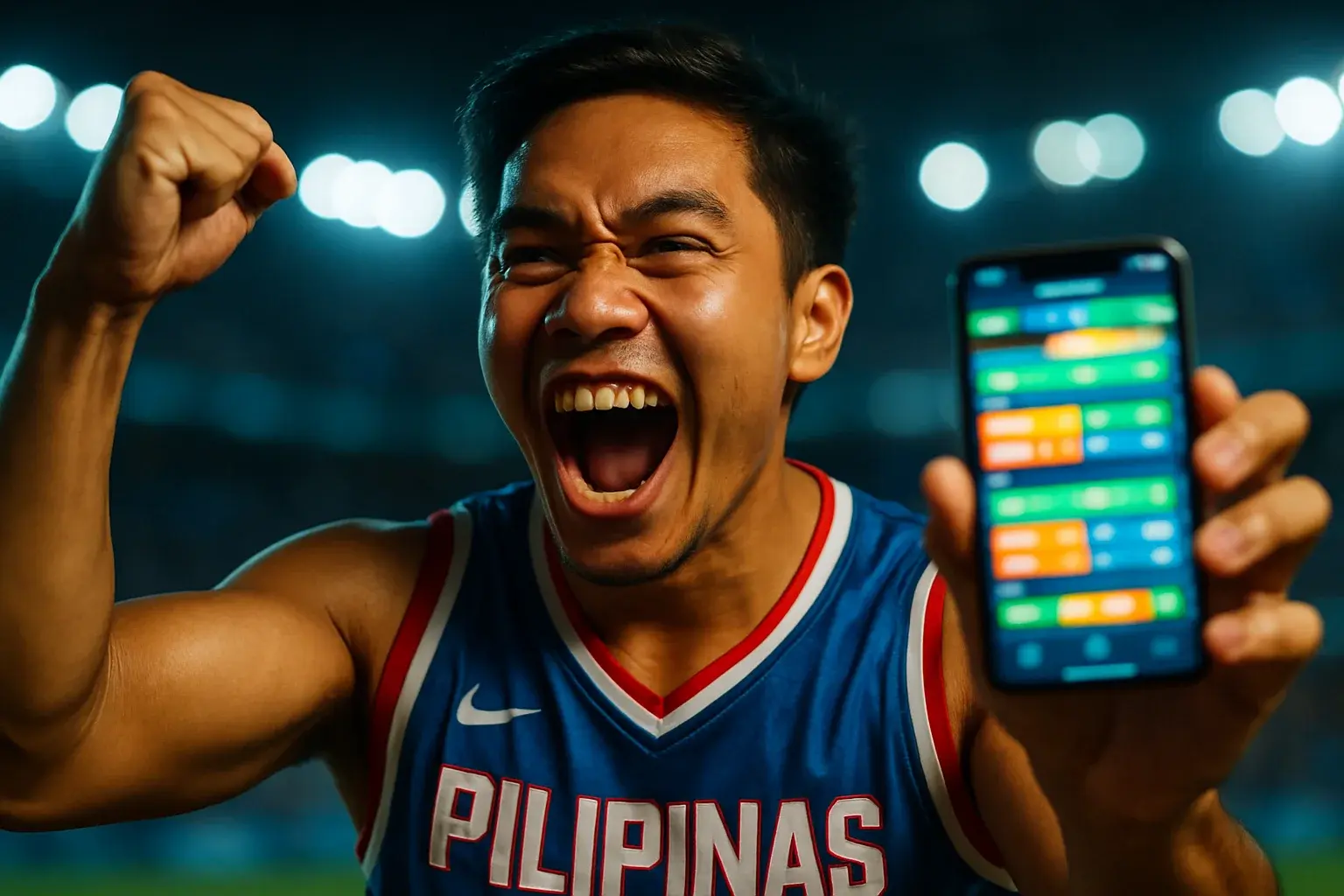 Excited young Filipino man cheering with smartphone showing blurred sports betting interface