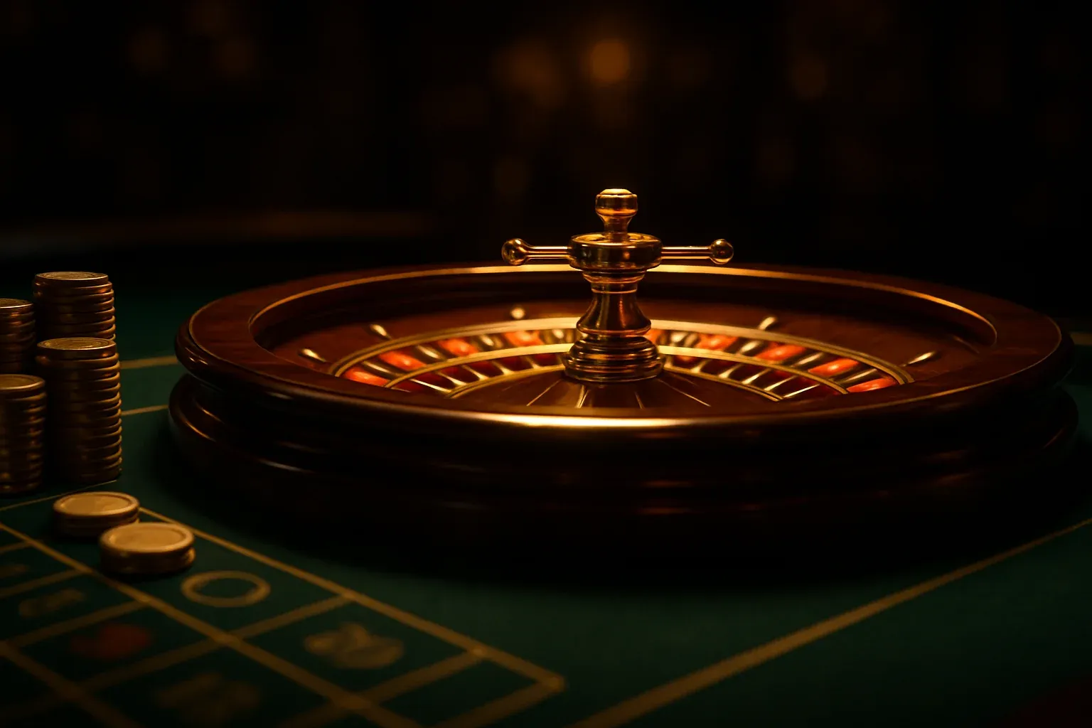 Hyperrealistic live casino roulette table with golden chips and warm lighting