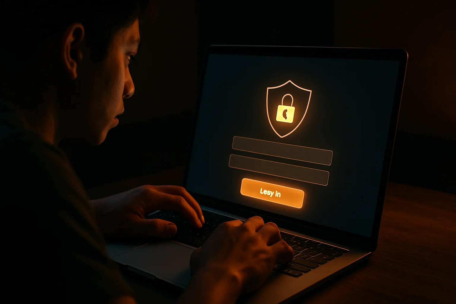 Young Filipino man hands typing on laptop with glowing login form