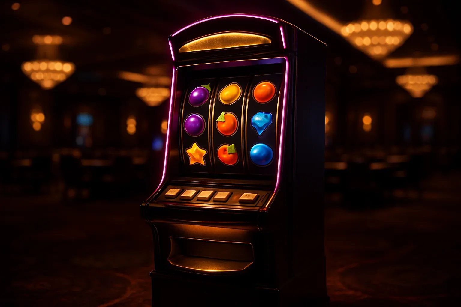 Hyperrealistic wide shot of premium slot machine in dark luxury casino